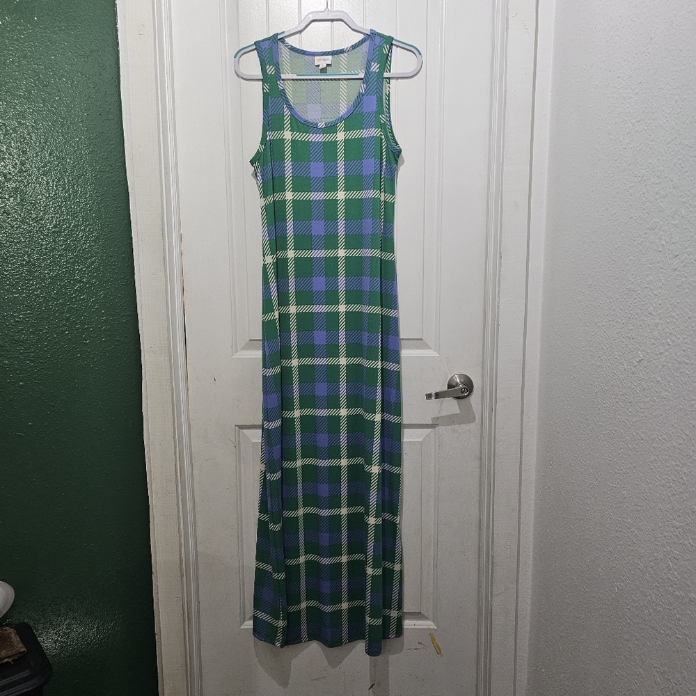 LuLaRoe Medium Dani Long Tank Dress Multicolor plaid Sleeveless green and blue